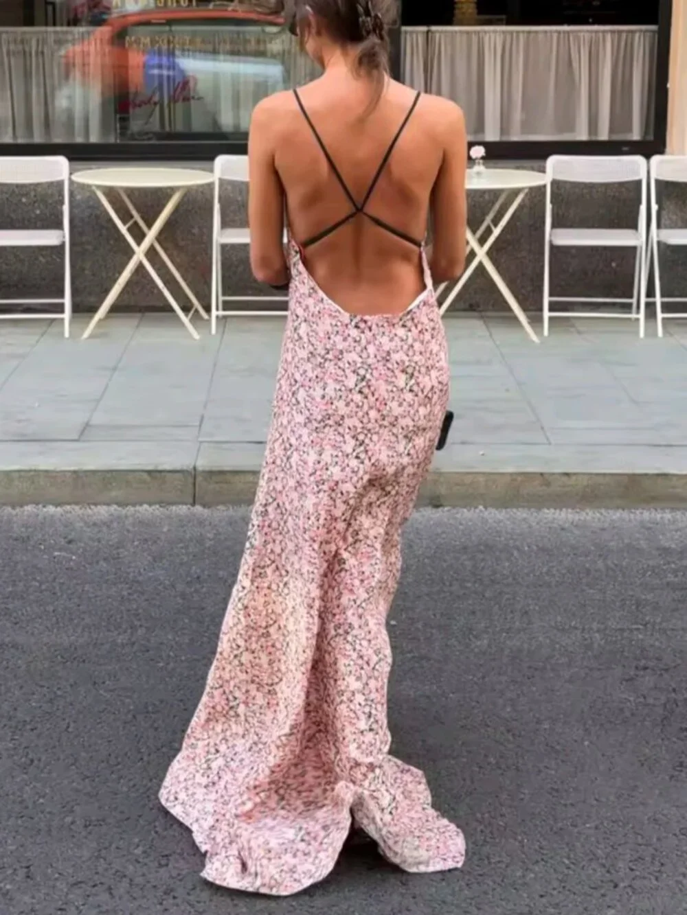 Pink Ditsy Floral Satin Maxi Dress Spaghetti Strap Deep V Neck Front Black Rose